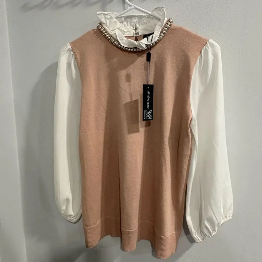 Cable & Gauge Pink and White Cowl Neck Sweater - Picture 6 of 12